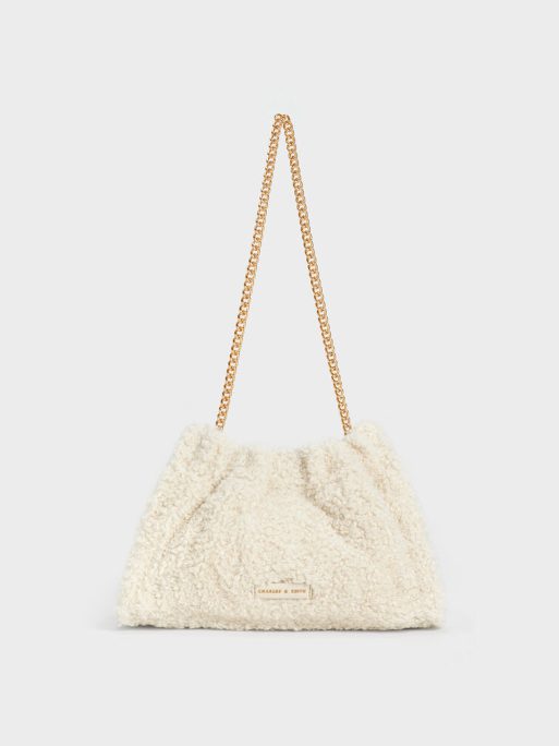 C&K Cyrus Furry Slouchy Chain-Handle Bag - Cream