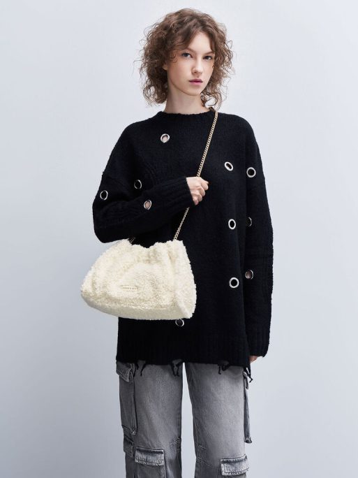 C&K Cyrus Furry Slouchy Chain-Handle Bag - Cream - Image 2
