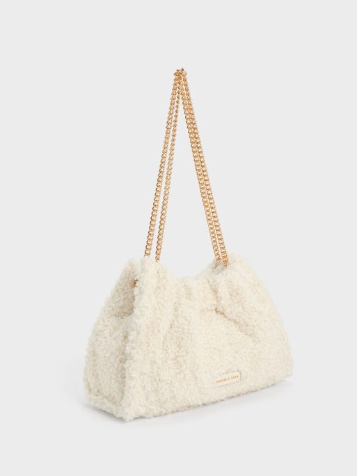 C&K Cyrus Furry Slouchy Chain-Handle Bag - Cream - Image 3