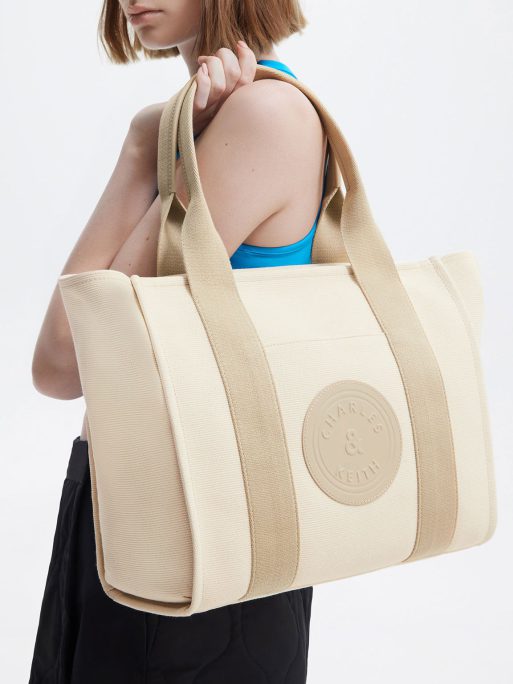 C&K Large Kay Canvas Contrast-Trim Tote Bag - Taupe - Image 4