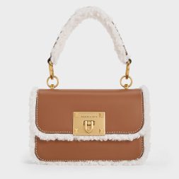 C&K Fur-Trim Metallic Turn-Lock Bag - Camel