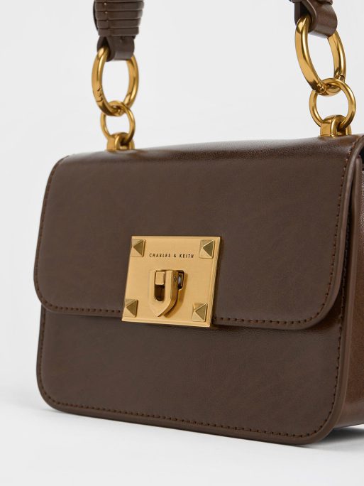 C&K Metallic Turn-Lock Bag - Dark Brown - Image 5