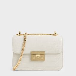 C&K Croc-Effect Chain Strap Crossbody Bag - Chalk