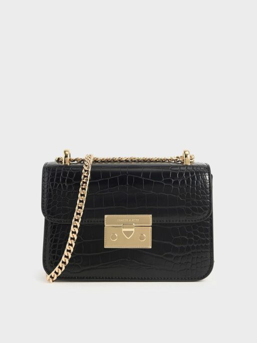 C&K Croc-Effect Chain Strap Crossbody Bag - Black