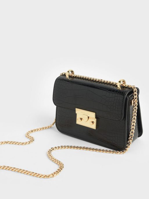 C&K Croc-Effect Chain Strap Crossbody Bag - Black - Image 3