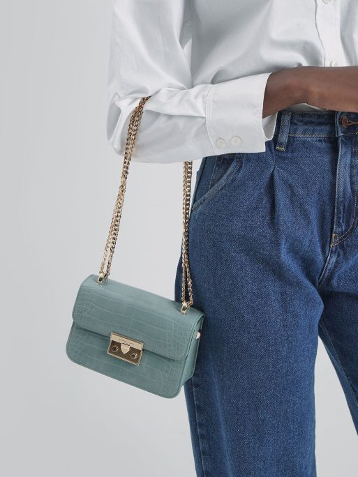 C&K Croc-Effect Chain Strap Crossbody Bag - Blue - Image 2