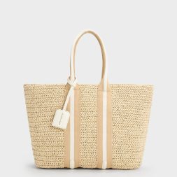 C&K Striped Handles Raffia Tote Bag - White