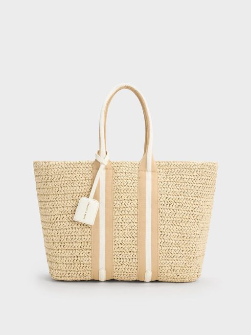 C&K Striped Handles Raffia Tote Bag - White
