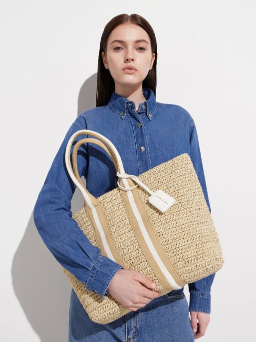 C&K Striped Handles Raffia Tote Bag - White - Image 2