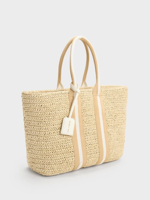 C&K Striped Handles Raffia Tote Bag - White - Image 3