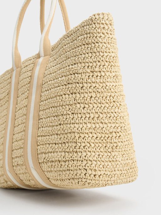 C&K Striped Handles Raffia Tote Bag - White - Image 5