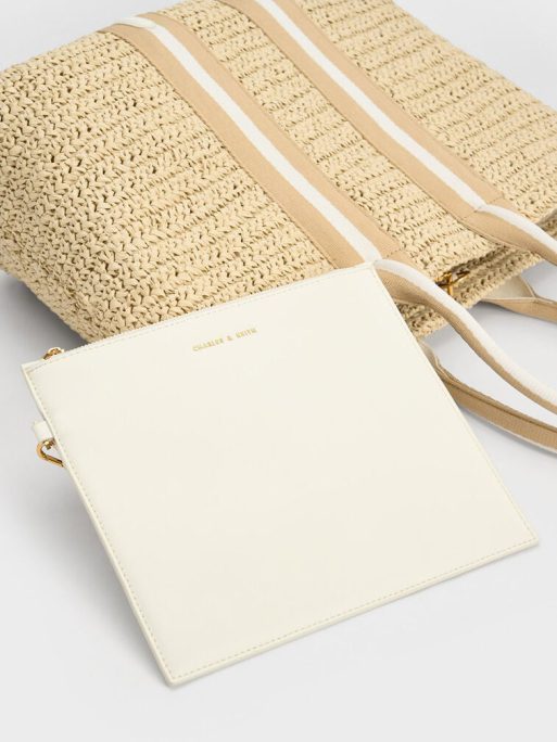 C&K Striped Handles Raffia Tote Bag - White - Image 6