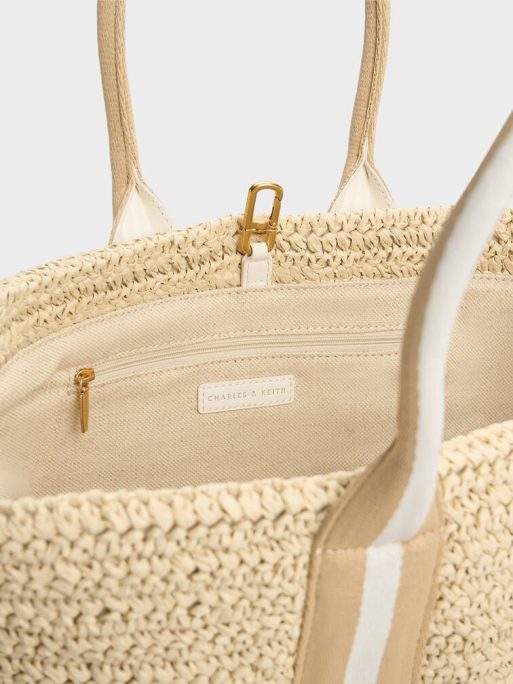 C&K Striped Handles Raffia Tote Bag - White - Image 7
