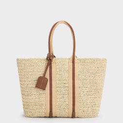 C&K Striped Handles Raffia Tote Bag - Chocolate