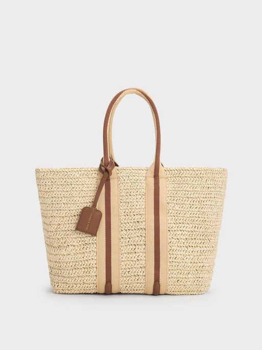 C&K Striped Handles Raffia Tote Bag - Chocolate