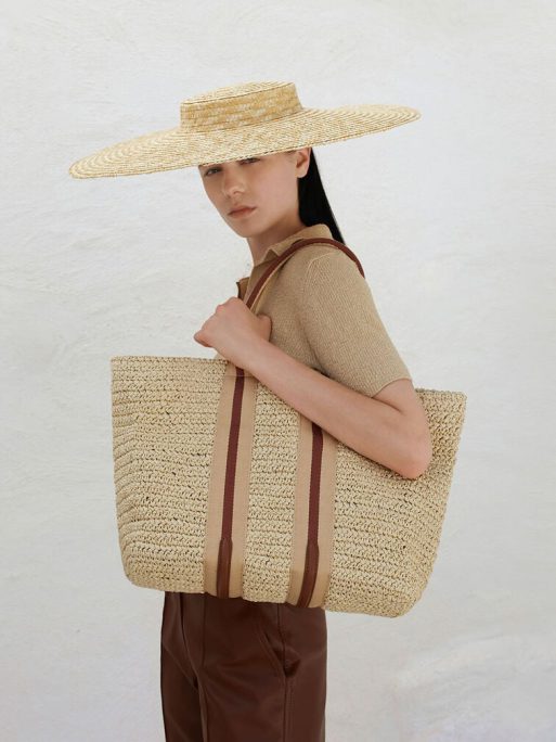 C&K Striped Handles Raffia Tote Bag - Chocolate - Image 2