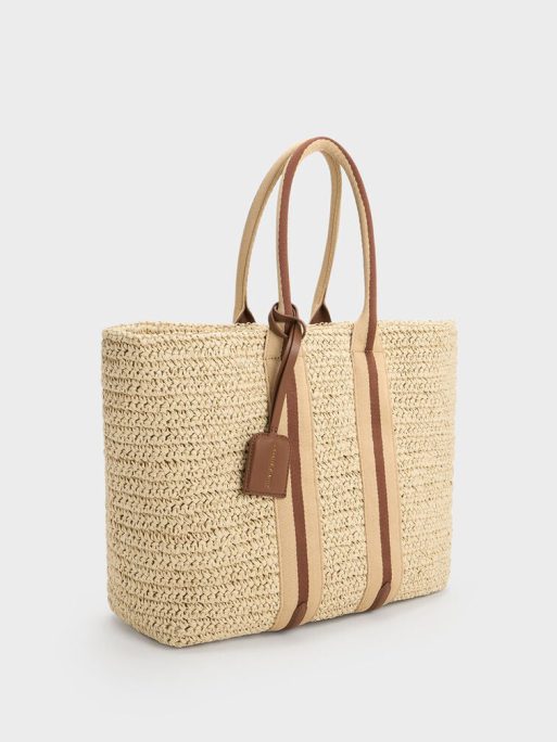 C&K Striped Handles Raffia Tote Bag - Chocolate - Image 3