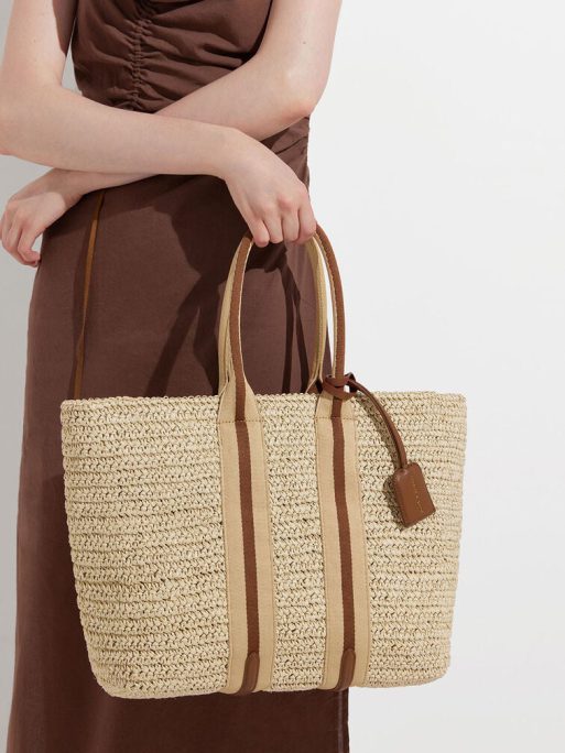 C&K Striped Handles Raffia Tote Bag - Chocolate - Image 4