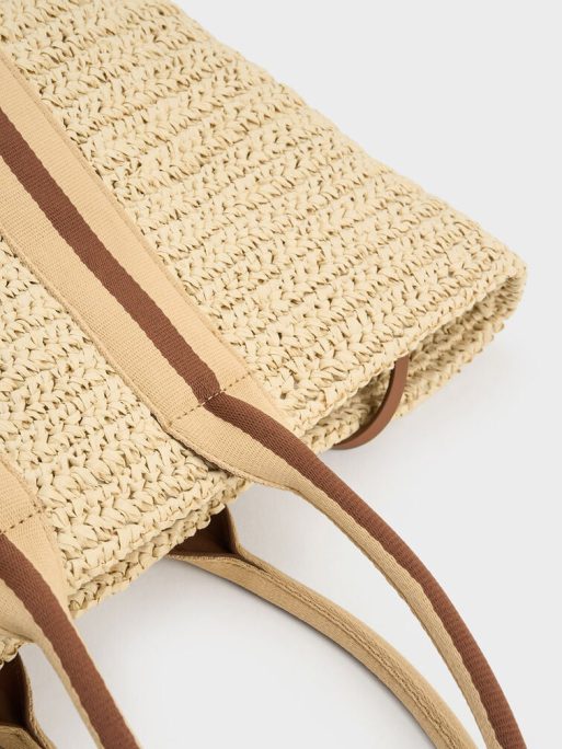 C&K Striped Handles Raffia Tote Bag - Chocolate - Image 5
