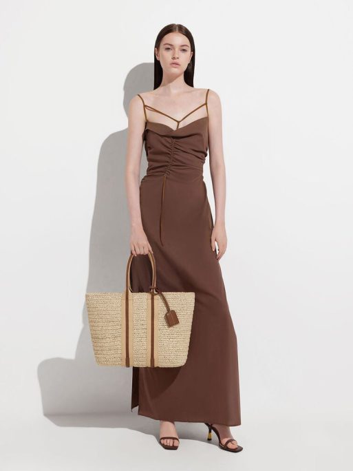 C&K Striped Handles Raffia Tote Bag - Chocolate - Image 6