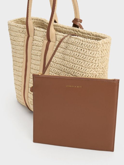 C&K Striped Handles Raffia Tote Bag - Chocolate - Image 7