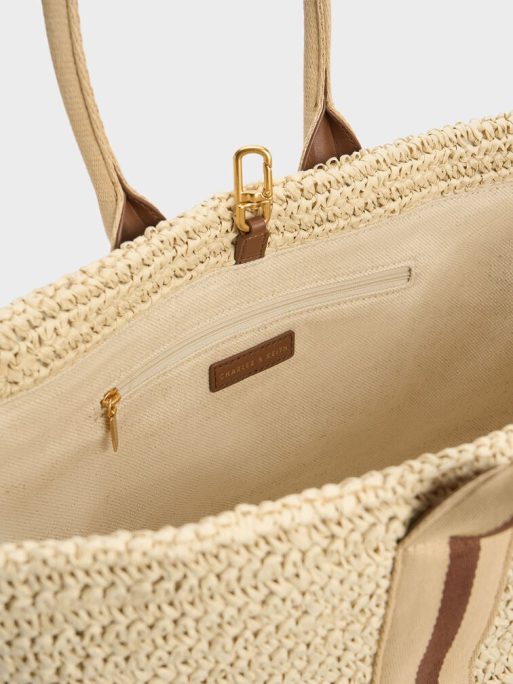 C&K Striped Handles Raffia Tote Bag - Chocolate - Image 8