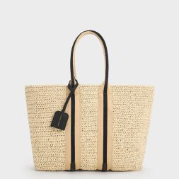 C&K Striped Handles Raffia Tote Bag - Black