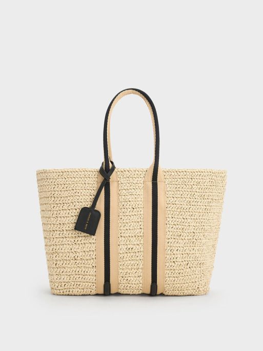 C&K Striped Handles Raffia Tote Bag - Black