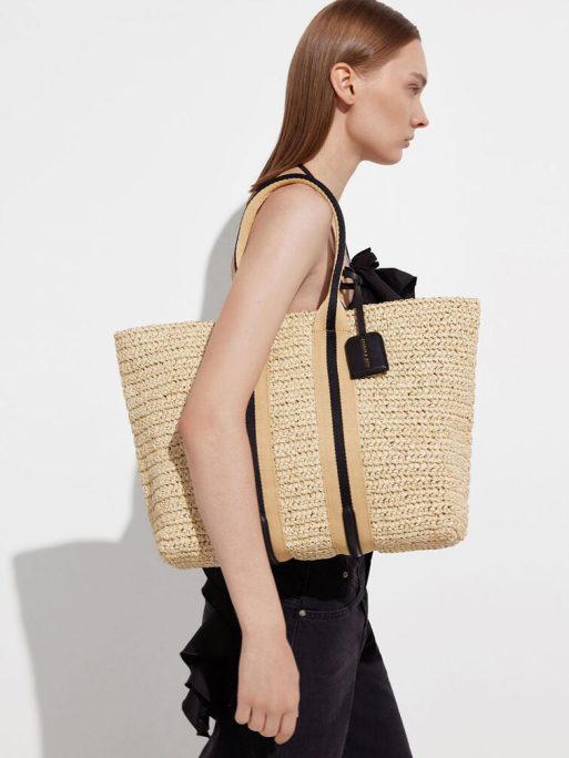 C&K Striped Handles Raffia Tote Bag - Black - Image 2
