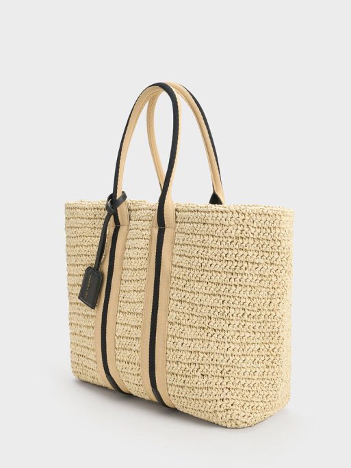 C&K Striped Handles Raffia Tote Bag - Black - Image 3