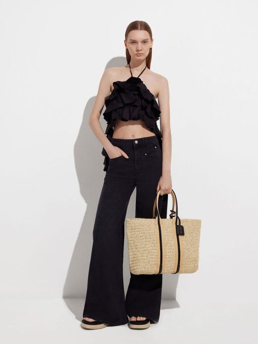 C&K Striped Handles Raffia Tote Bag - Black - Image 4