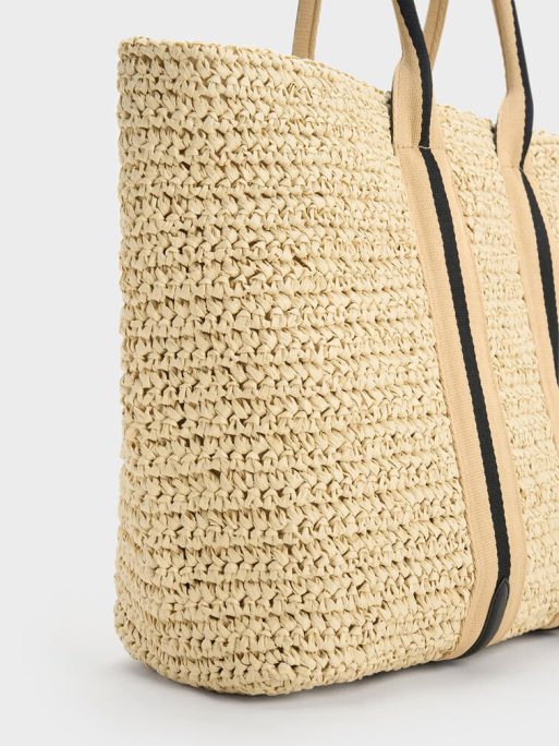 C&K Striped Handles Raffia Tote Bag - Black - Image 5