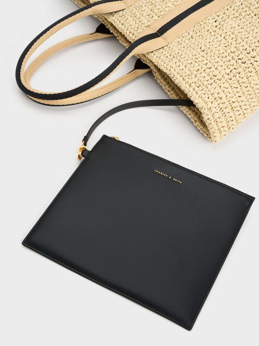 C&K Striped Handles Raffia Tote Bag - Black - Image 6