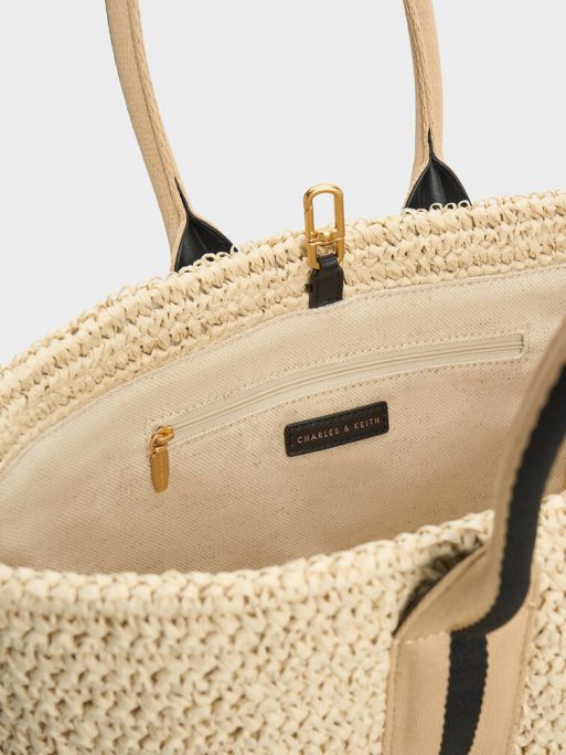 C&K Striped Handles Raffia Tote Bag - Black - Image 7
