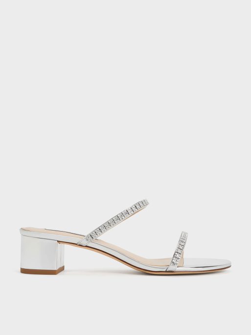 C&K Ambrosia Metallic Gem-Embellished Mules - Silver