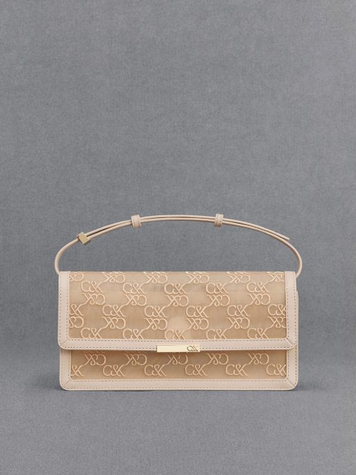C&K Mesh & Leather Monogram Shoulder Bag - Beige