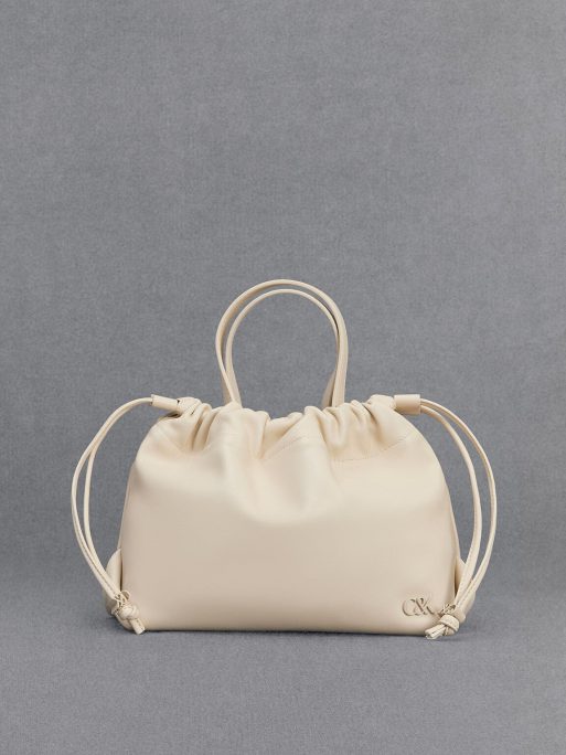 C&K Leather Ruched Drawstring Bag - Chalk