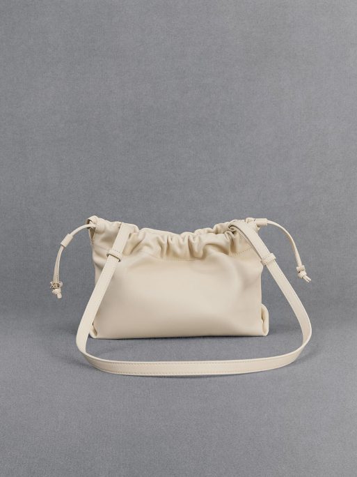 C&K Leather Ruched Drawstring Bag - Chalk - Image 3