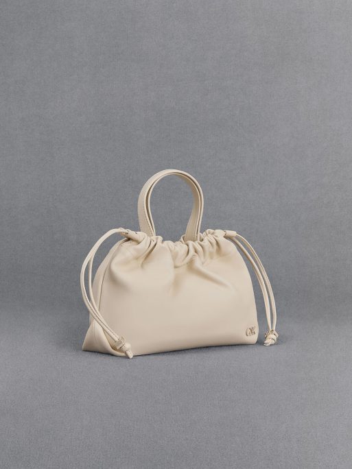 C&K Leather Ruched Drawstring Bag - Chalk - Image 4