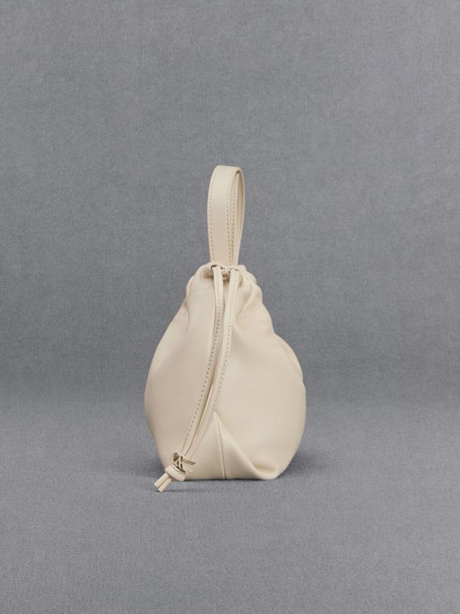 C&K Leather Ruched Drawstring Bag - Chalk - Image 5