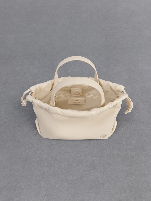 C&K Leather Ruched Drawstring Bag - Chalk - Image 6