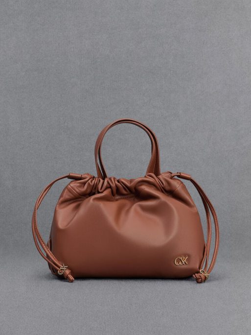 C&K Leather Ruched Drawstring Bag - Cognac