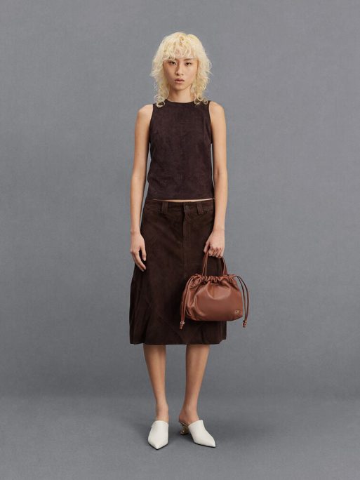 C&K Leather Ruched Drawstring Bag - Cognac - Image 2