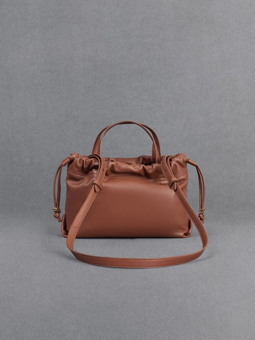 C&K Leather Ruched Drawstring Bag - Cognac - Image 3