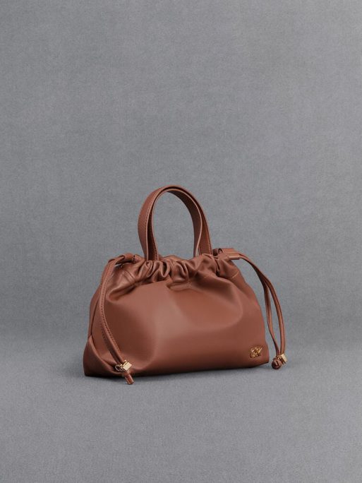 C&K Leather Ruched Drawstring Bag - Cognac - Image 4