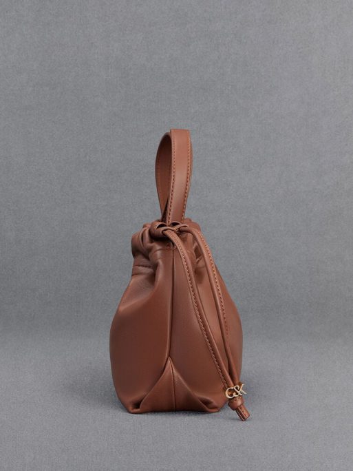 C&K Leather Ruched Drawstring Bag - Cognac - Image 5