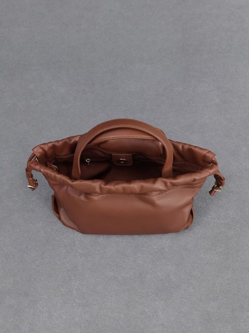 C&K Leather Ruched Drawstring Bag - Cognac - Image 6