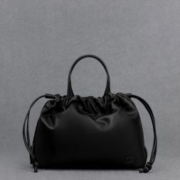 C&K Leather Ruched Drawstring Bag - Black