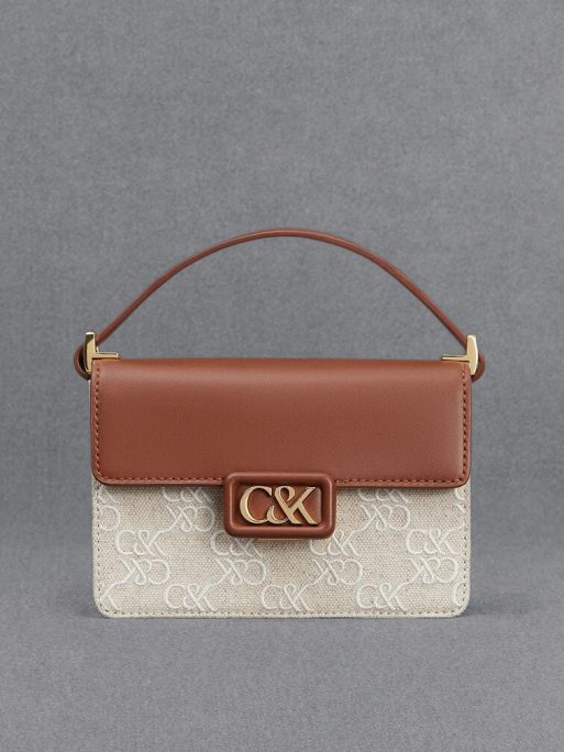 C&K Leather & Canvas Two-Tone Boxy Bag - Cognac