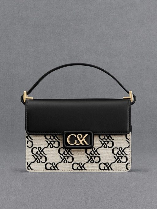 C&K Leather & Canvas Monogram Boxy Bag - Black